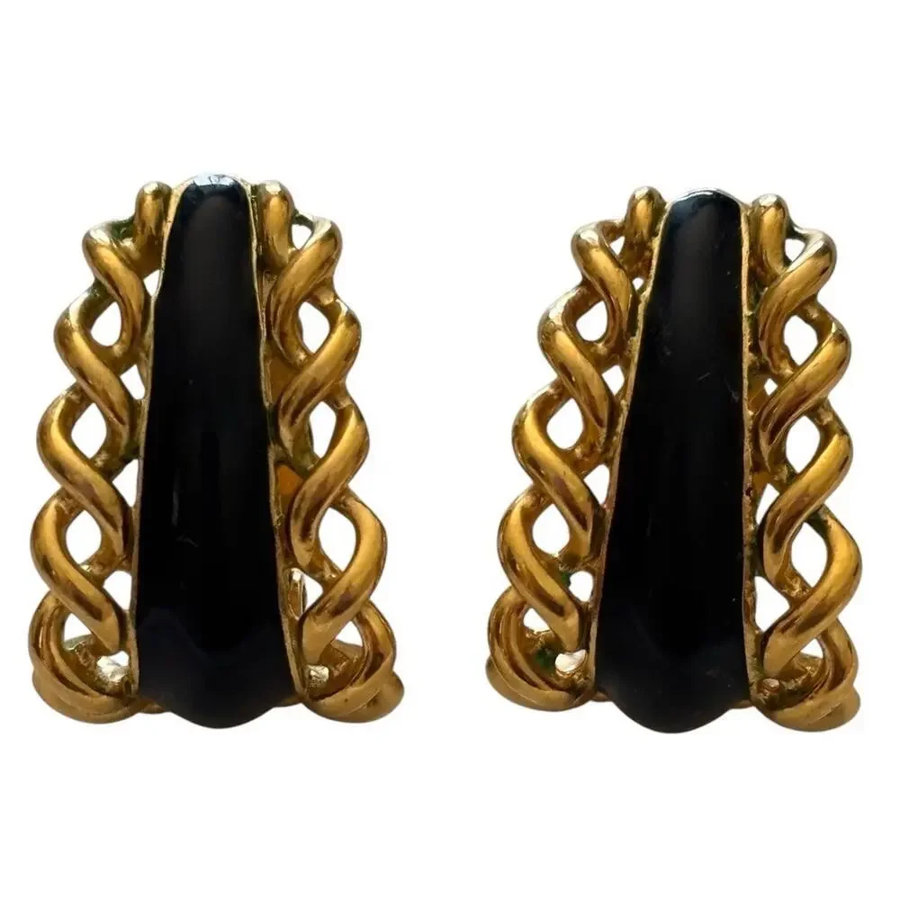 St. John Designer Gold Plate Twist Black Enamel Half Hoop Clip Earrings Vintage